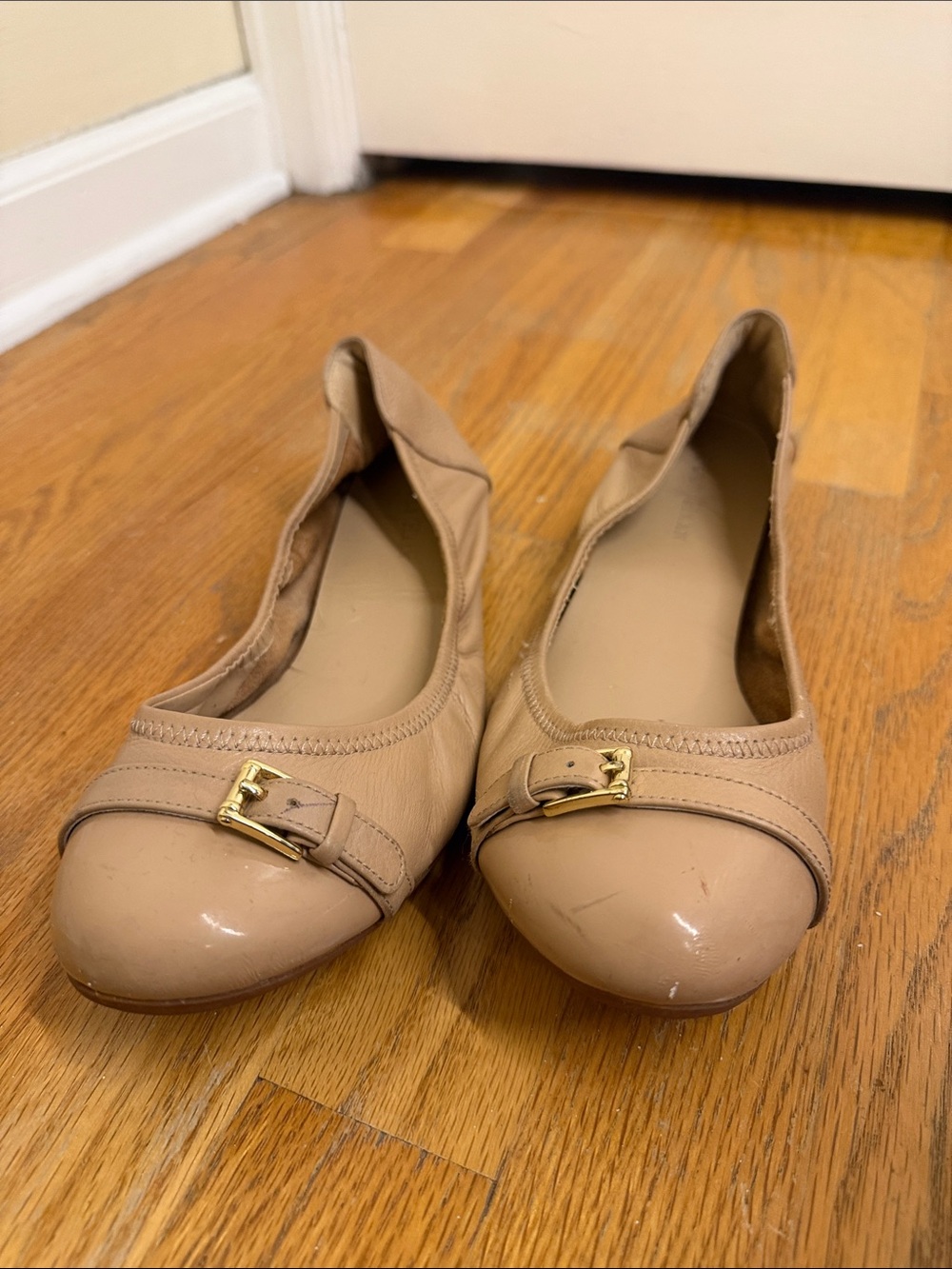 Cole Haan Beige Patent Leather Ballet Flats with Gold Buckles